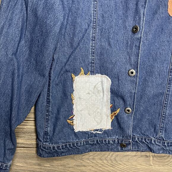 AGAPO Vintage Denim Long Sleeve Button Jacket with Embroided Patches Size Medium - Picture 3 of 9
